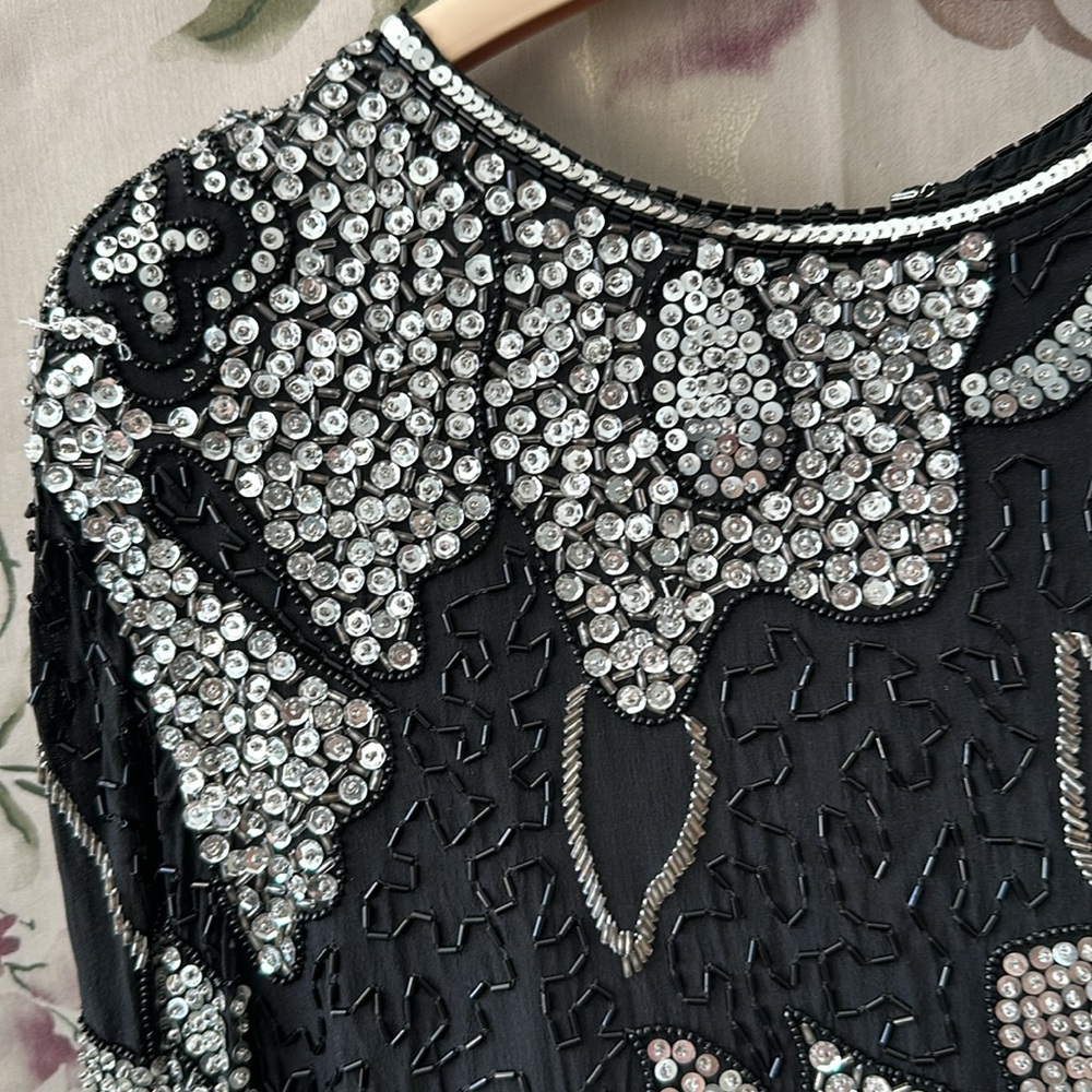 Silk Embellished Beaded Top Full skirt Cocktail party dress Vintage Upscale